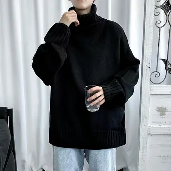 Melns Džemperis Vīriešiem Ziemas Sweatwer Tīrtoņa Krāsu Augstu Uzrullētu Apkakli Džemperis Lielgabarīta Vīriešu Modes Apģērbu Korejas Modes Tendences Ir 2021.