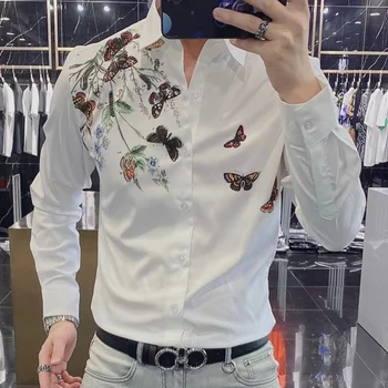2022 Butterfly Ziedu Rhinestone Drukas Kleita Krekls Mens Ikdienas Krekli Streetwear Itālija Sociālo Karstā Urbt Vīriešu Apģērbu Slim Krekls